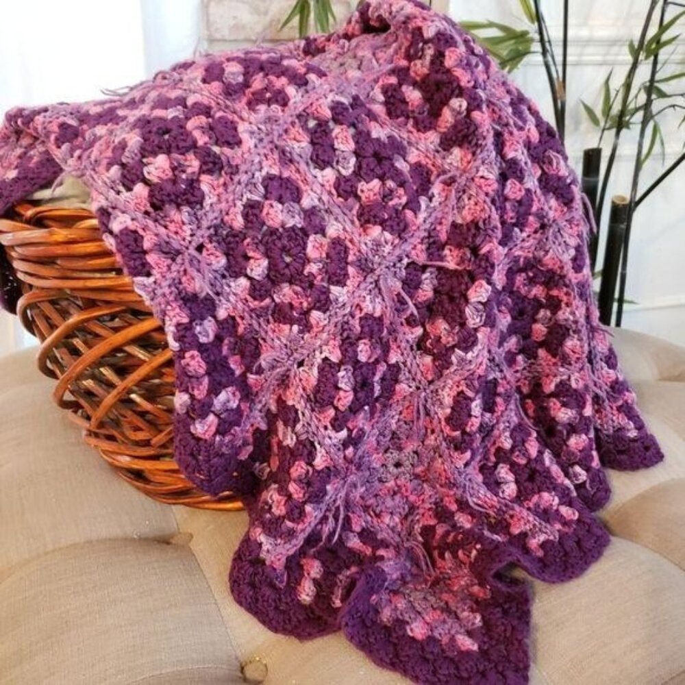 Handmade Crochet Granny Square Blanket In Purple & Pink size 4'x3' cottage core